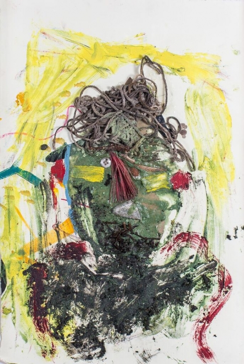 Alcoholic Union Captain by Leroy Miranda Jr. | Mixed media assemblage using oil and acrylic paint and found objects on archival paper. Framed with Alcoholic Union Captain